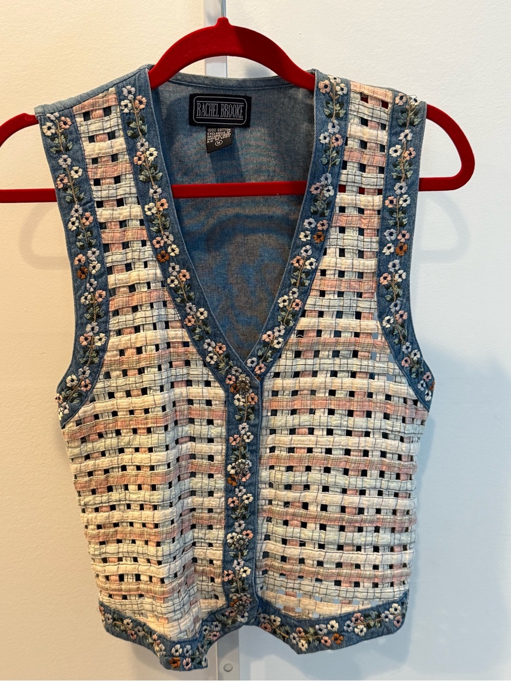 Vintage Rachel Brooke Denim-Trim Woven Vest Cream Denim Blue Size M Cottagecore